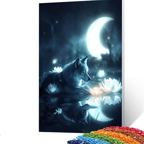 Mond Diamond Painting Erwachsene, 5D Wolf Diamant Painting Bilder Kinder, DIY Vollbohrer Diamanten Malerei Stickerei Set Kreuzstich Basteln Erwachsene, für Geschenke Home Wand Dekor 70 x 95 cm GYL433 von GUUOYUAL