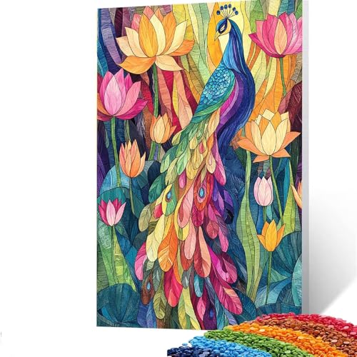 Pfau Diamond Painting Erwachsene, 5D Blume Diamant Painting Bilder Kinder, DIY Vollbohrer Diamanten Malerei Stickerei Set Kreuzstich Basteln Erwachsene, für Geschenke Home Wand Dekor 50x70cm 1/385-3 von GUUOYUAL