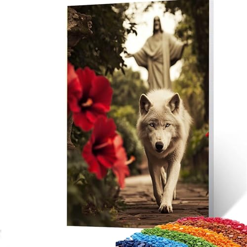 Wolf Diamond Painting Erwachsene, 5D Stadt Gottes Diamant Painting Bilder Kinder, DIY Vollbohrer Diamanten Malerei Stickerei Set Kreuzstich Basteln Erwachsene, Geschenke Home Wand Dekor 60x80cm R/3964 von GUUOYUAL