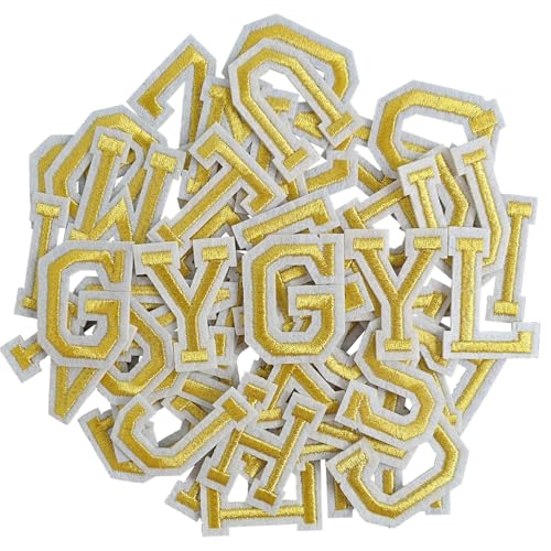 GYGYL 104 Stück Aufbügler Buchstaben Patches bestickt A-Z Buchstaben Patches für Kleidung, Kleid, Hut, Socken, Jeans, DIY-Zubehör, 5,1 cm Gold von GUYI