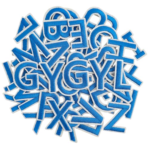 GYGYL 104 Stück Bügelbilder Buchstaben Patches bestickt A-Z Buchstaben Patches für Kleidung, Kleid, Hut, Socken, Jeans, DIY-Zubehör, 3,8 cm Blau von GUYI