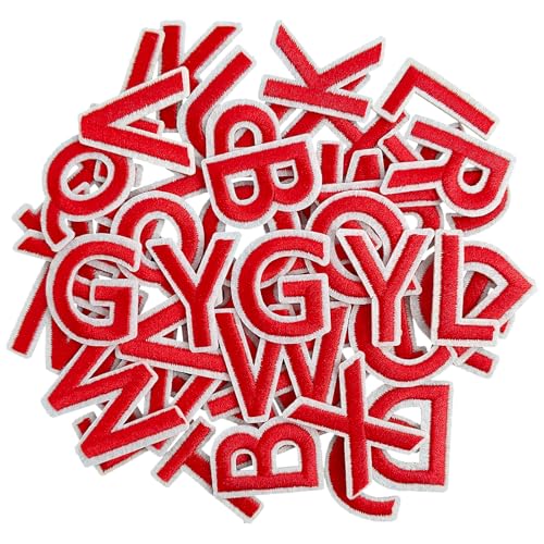 GYGYL 104 Stück Bügelbilder Buchstaben Patches bestickt A-Z Buchstaben Patches für Kleidung, Kleid, Hut, Socken, Jeans, DIY-Zubehör, 3,8 cm rot von GUYI