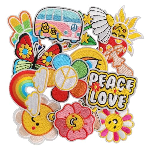 GYGYL 16Pcs Hippie Iron on Vintage Patches Groovy Boho Peace Sign Sew on Embroidered Patches for Clothes, Backpack, Jackets, Jeans, Shirt DIY Crafts von GUYI