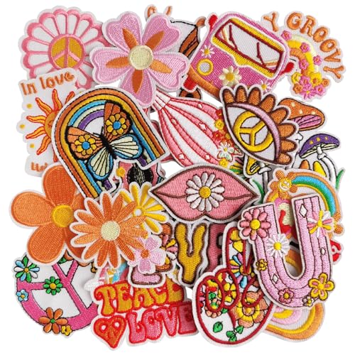 GYGYL 25Pcs Hippie Iron on Vintage Patches Groovy Boho Peace Sign Sew on Embroidered Patches for Clothes, Backpack, Jackets, Jeans, Shirt DIY Crafts von GUYI