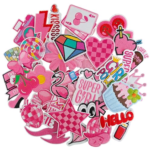 GYGYL 45Pcs Iron on Patches for Girls, Pink Preppy Embroidered Patches for Clothes, Backpack, Jackets, Jeans, Shirt DIY Crafts von GUYI