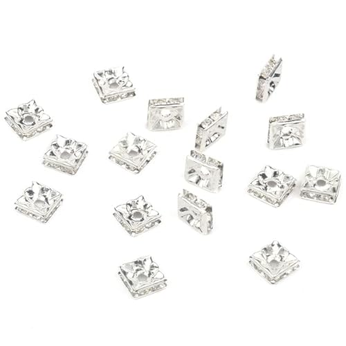 50 Stück/Los 4 6 8 10 mm Strass-Kristall, rund, lose Distanzperlen für Schmuck, DIY, Herstellung von Armbändern, Halsketten, Zubehör, quadratisch, silberfarben, 4 mm, 50 Stück von GUYOS