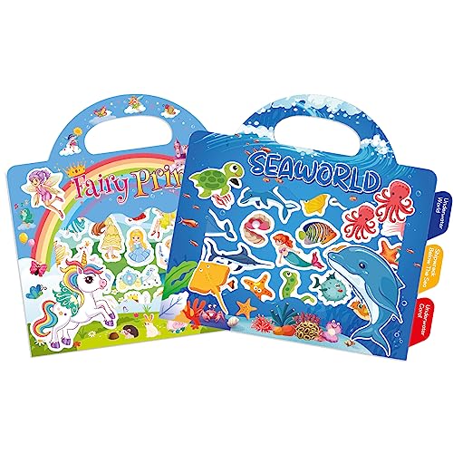 GUYUCOM 2 Stück Stickerbuch ab 2 3 4 5 6 Jahre Spielzeug für Kinder Sticker Book Set Lerngeschenke Kinderspielzeug Weihnachten Geburtstag Geschenke(Feenprinzessin + Seaworld) von GUYUCOM