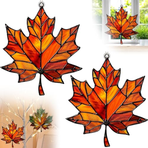 GVCXCSGE Ahornblatt-Ornament aus gebeiztem Acryl zum Aufhängen am Fenster, Ahornblatt-Sonnenfänger, Herbstblätter, Kunstdekoration für Herbst, Erntedankfest, Halloween (Red) von GVCXCSGE