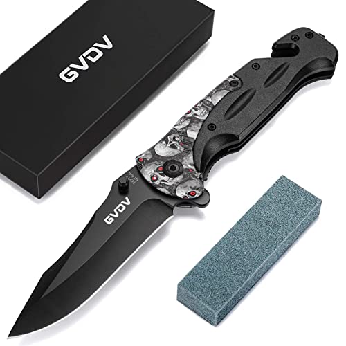 GVDV Klappmesser 7Cr17 Stahlklinge - Taschenmesser mit Gurtschneider & Glasbrecher, Outdoor Messer Zweihandmesser für Survival Camping Jagd mit Schleifstein Liner-Lock, Schwarz von GVDV