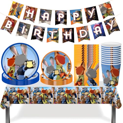 52 pcs Cartoon Thema Party Dekoration, Zoo-Mania Geburtstag Partygeschirr - Banner Teller Dessertteller Pappbecher Tissue Tücher Tischdecken Kindergeburtstag Geschirr Set von GVMJHYK