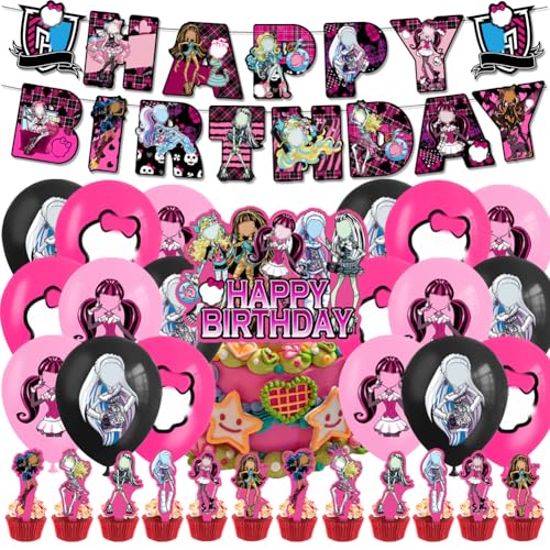 GVMJHYK 32 pcs Cartoon Monster Geburtstag Dekoration Set, Monster Theme Party Supplies - Kuchen Topper Cupcake Topper Luftballons Banner Kinderparty Dekoration von GVMJHYK