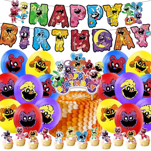 GVMJHYK 34 pcs Smiling Geburtstag Dekoration, Cartoon Geburtstag Party Dekoration, Smiling Kindergeburtstag Party Deko - Kuchen Topper Cupcake Topper Luftballons Banner Smiling Thema Party Dekoration von GVMJHYK