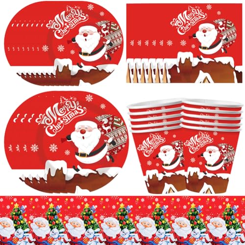 GVMJHYK 41pcs Christmas Party Tableware, Weihnachten Partygeschirr Set, Teller, Tasse, Serviette, Tischdecke, Weihnacht Party Deko Geschirr Set, Christmas Party Supplies - 10 People von GVMJHYK