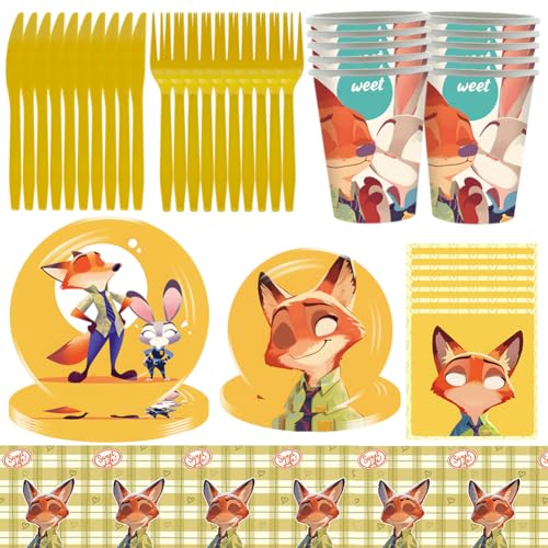 GVMJHYK 71 pcs Cartoon Thema Party Dekoration, Fuchs-Nick Geburtstag Partygeschirr - Teller Dessertteller Pappbecher Tissue Tücher Tischdecken Kindergeburtstag Geschirr Set von GVMJHYK