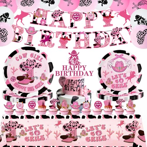 GVMJHYK Western Cowgirl Geburtstag Party Deko, 65 pcs Cowgirl Kindergeburtstag Partygeschirr - Papier Teller Dessertteller Tischdecke Tortendeko Cupcake Topper Thema Partyzubehör für 10 Gäste von GVMJHYK