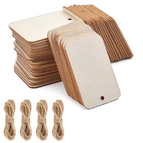 Holz Etiketten Rechteckige, 100pcs Holz Anhänger Holz, Holz Geschenkanhänger, mit 4 Jute Schnur, Unbehandelte Holz Scheiben mit Loch, für DIY Kunsthandwerk Hochzeit Weihnachten von GVPOELR