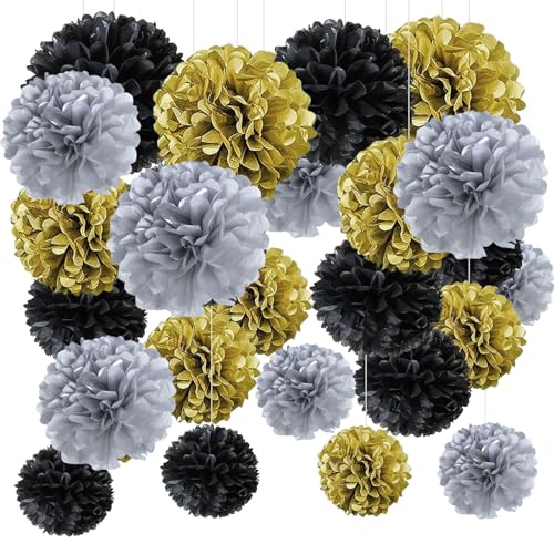 Schwarzes Gold Pompons Deko, 24 Stück Silvester Seidenpapier Pompons, deko schwarz gold Seidenpapier Pom Poms, Blumen Ball Dekorpapier, für Geburtstag, bachelor deko, Gold, Silber, Schwarz von GVPOELR