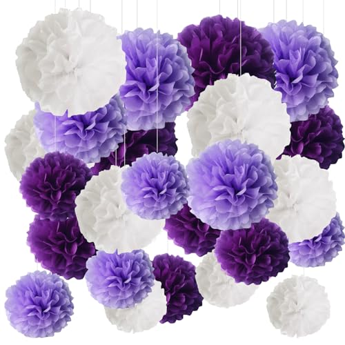 Pompons Deko, 24 Stück Seidenpapier Pompons Deko, Seidenpapier Pompons, SeidenpapierPompons Papier Blume, 3 Farben und 3 Größen, für Hochzeitsparty Dekorationen, Lila, Helllila, Weiß von GVPOELR