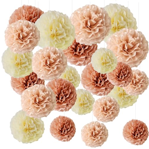 24 Stück Rose Beige Pompons Dekoration, Seidenpapier Pompons Papier Blume, Pompons Deko, Seidenpapier Pompons, für Hochzeitsparty Dekorationen, Nacktrosa, Lotuswurzel, Beige, Seidenpapier Blume Ball von GVPOELR