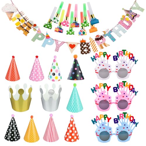 GWAWG 25Pcs Geburtstag Party Sets mit Geburtstag Banner,11Pcs Geburtstag Kegel Party Hüte,10 Pcs Party Blower,3 Pcs Party Gläser,Papier Party Hüte für Mädchen Jungen Kinder Erwachsene(9 Hüte+2 Kronen) von GWAWG