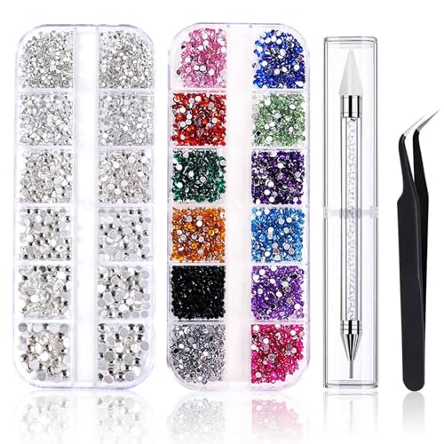 GWAWG 2800 Stück Strasssteine Nägel Rhinestones Nagel Steine Flache Rückseite Gems mit Pick-Up Pinzette und Diamant Malerei Stifte Strass Picker Werkzeug für Nägel Kleidung Gesicht Handwerk von GWAWG