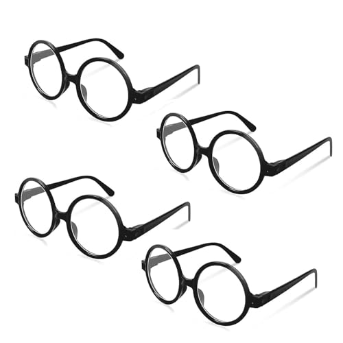 GWAWG 4 Paar Runde Brille ohne Gläser Spielzeugbrille Retro Rundebrillen Magier Runde Brille Linsenlos Halloween Schwarze Gläser für Erwachsene und Kinder für Party Zubehör Cosplay Party von GWAWG