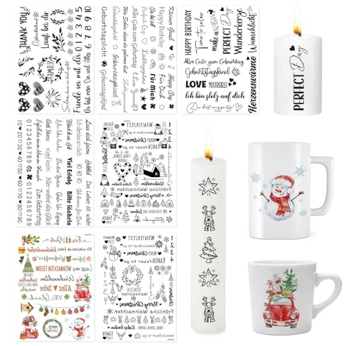 GWAWG 7 Stück Weihnachten Kerzentatoo Weihnachten Kerzenfolie Kerzen Sticker Weihnachten Mehrfarbig Weihnachtsmann Text Niedliche Muster von GWAWG