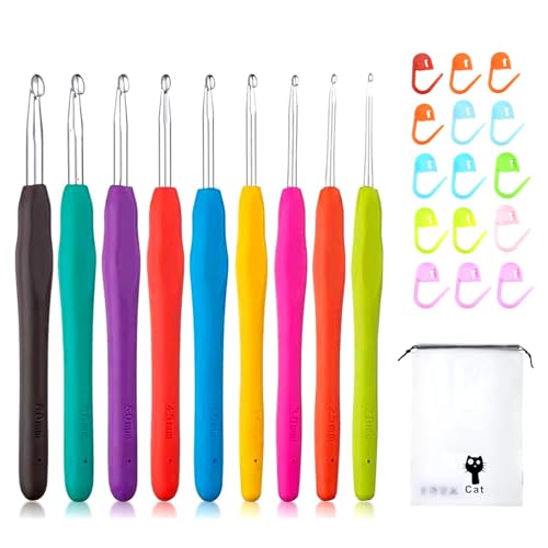 GWAWG Häkelnadeln Set für Anfänger 9 Stück Aluminium Stricken mit 15 Häkelnadeln in zufälligen Farben Ergonomische Soft Grip Gummi Griffe Häkeln Kits für Kinder von GWAWG