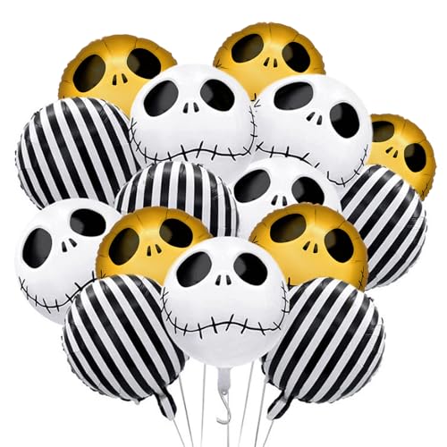 GWAWG Halloween Schädel Ballons Dekorationen, schwarz-weiß gestreifte Mylar Folienballons Weiß-Gold Smiley Gesicht Schädel Jack Nightmare Before Christmas für Halloween Weihnachten Party Dekorationen von GWAWG