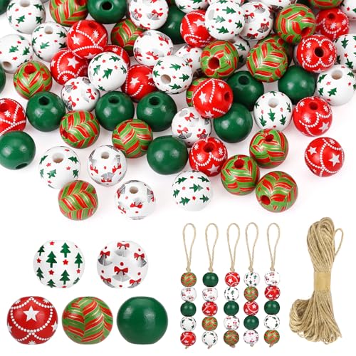 GWHOLE 120 Stück Holzperlen Weihnachten Bastelperlen Holz Perlen zum Auffädeln Natürliche Bastelholzperlen Weihnachtliche Holzperlen zum Basteln für DIY Weihnachtsbaum Partyzubehör Dekoration 16mm von GWHOLE