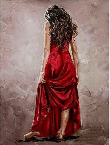 GWYDYB 5D Diamond Painting DIY Handmade by Number Kits für Erwachsene Kinder Strass Stickerei Mosaik Art Home Decor - Langhaarige Frau im roten Kleid 30×40cm von GWYDYB