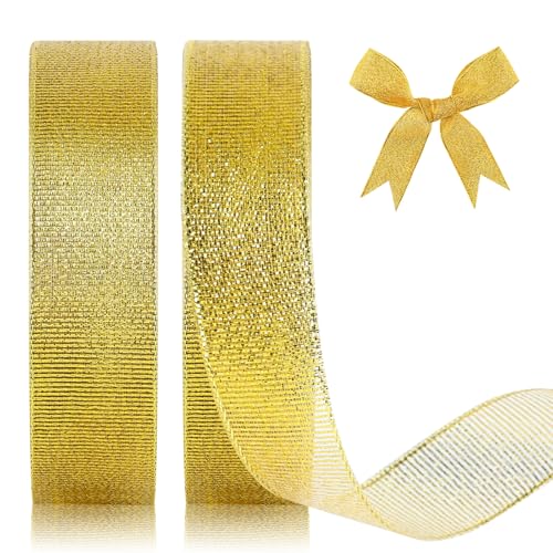 GXFCING Organzaband Gold 20mm Breit, 44 Meters Glitzer Geschenkband Weihnachten Schleifenband für Geschenkverpackung, Bastelarbeiten, Geburtstag, Taufe, Hochzeit von GXFCING