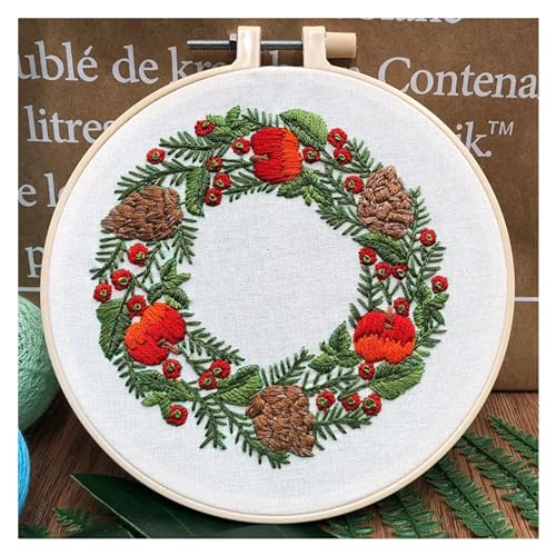 GXMDSGZ Stickerei Kit DIY-Pflanzen-Weihnachtsmuster-Stickset, Handarbeitswerkzeuge, Anfänger, rundes Näh-Bastelset mit Reifen, Raumdekoration, Stickerei AnfäNger(SD008) von GXMDSGZ