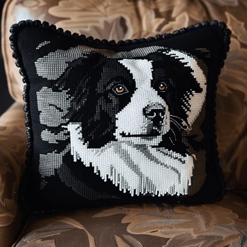 GXQFF DIY Knüpfen Set Erwachsene Border-Collie-Tier Knüpfkissen Kissen Knüpfen DIY Set, Schwarz-weißer Hund Kissenbezug Zum Selbermachen Für Anfänger Und Erwachsene,Geschenke-B von GXQFF