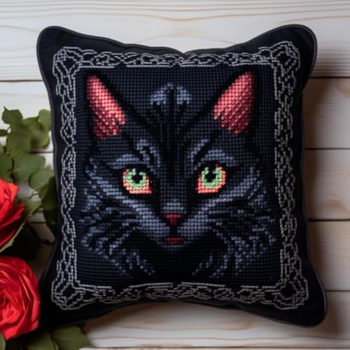 GXQFF DIY Knüpfen Set Erwachsene Kissen Schwarze Katze Tier Knüpfhaken Kit Stickset Anfänger Schaf Bastelsets Für Erwachsene,Stickkissen, Anfänger, Handstickerei-DIY-A||43x43cm/17x17in von GXQFF