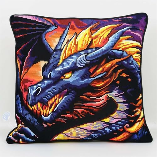 GXQFF Knüpfen Set Kissen, Knüpfkissen Set Anime Drachen Tier Knüpfhaken-Kissen-Set，DIY-Kissenbezug Zum Basteln，Bedruckte Leinwand Für Anfänger，Stickerei-C von GXQFF