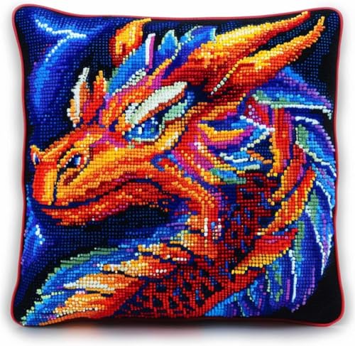 GXQFF Knüpfen Set Kissen, Knüpfkissen Set Anime Drachen Tier Knüpfhaken-Kissen-Set，DIY-Kissenbezug Zum Basteln，Bedruckte Leinwand Für Anfänger，Stickerei-E von GXQFF