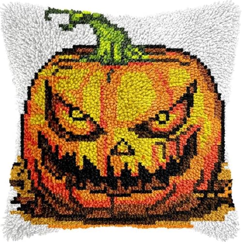 GXQFF Knüpfhaken-Set, Halloween,DIY Knüpfkissen Kit, DIY, Häkelnadel, Kissenherstellung, Kits Mit Vorgedrucktem Muster, Leinwand, DIY, Handgefertigter Kissenbezug, 43 X 43 cm von GXQFF