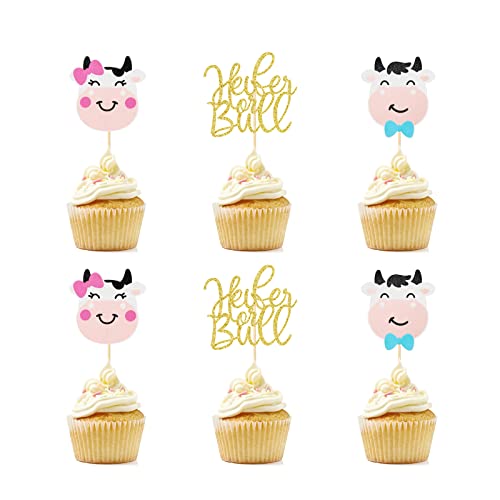 Cupcake-Topper mit Färsen- oder Stiermotiv, niedliche Kuh, Geschlechtsoffenbarung, Bauernhof-Babyparty-Dekoration, 12 Stück von GXSOVSO