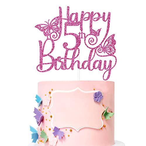 Schmetterling Happy 5th Birthday Cake Topper, Pink Five Years Old Birthday Party Dekorationen Supplies For Girls, Fifth Bday Schild for Cake Dessert, Pre-assembled, Glitter von GXSOVSO