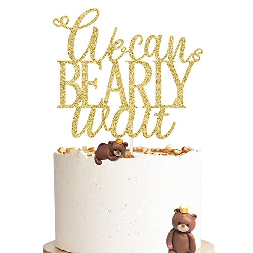 We Can Bearly Wait Cake Topper, Bär Baby Shower Dekorationen Supplies for Boys Girls, Teddy Thema Gender Reveal Party Dessert Ornaments Schild, Doppelseitiger Gold Glitter von GXSOVSO