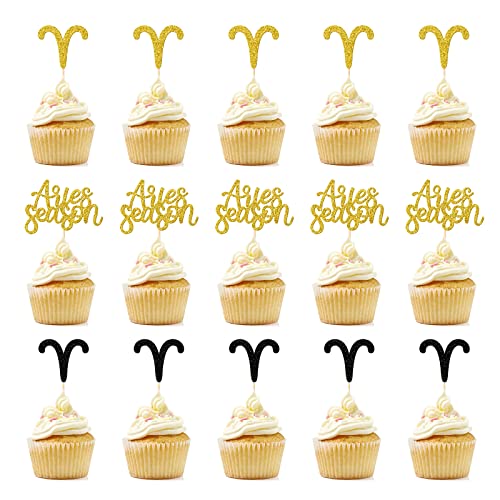 Widder Saison Cupcake Topper Widder Geburtstag Dekorationen Sternzeichen Geburtstag März April Party Dekor Supplies Doppelseitiges Gold und Schwarz Glitzer 24 Stück von GXSOVSO