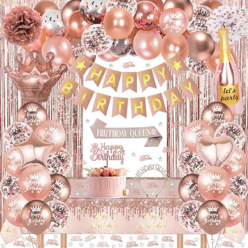 GYESXYW Geburtstagsdeko, Rosegold Party Deko Set mit Happy Birthday Banner, Schärpe und Geburtstagskrone, Konfetti Luftballons, Tischdecke, Vorhang, Pompons Deko für Frauen Mädchen Geburtstag Deko von GYESXYW