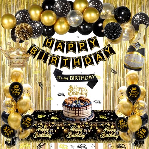 GYESXYW Geburtstagsdeko, Schwarz Gold Party Deko Set mit Happy Birthday Banner Konfetti Luftballons Geburtstag Schärpe Tischdecke Vorhang Pompons für Mann Frauen Junge Mädchen Geburtstag Dekorationen von GYESXYW