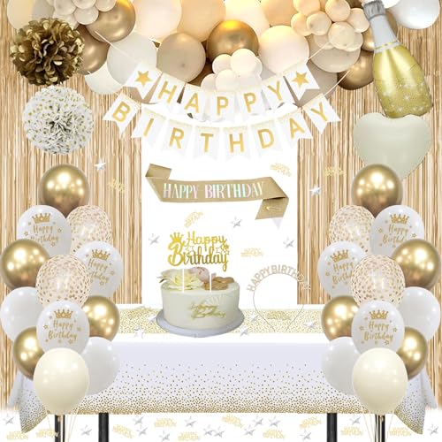 Geburtstagsdeko Gold, Beige Gold Weiß Party Deko Set mit Happy Birthday Banner, Konfetti Luftballons, Schärpe und Geburtstagskrone, Tischdecke, Vorhang, Pompons für Frauen Mädchen Geburtstag Deko von GYESXYW