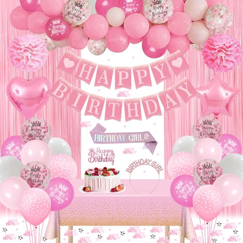 Geburtstagsdeko, Rosa Weiß Party Deko Set mit Happy Birthday Banner, Schärpe und Geburtstagskrone, Konfetti Luftballons, Tischdecke, Vorhang, Pompons für Mädchen Prinzessin Frauen Geburtstag Deko von GYESXYW