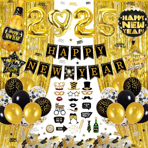 Silvester Deko 2025, Neujahr Deko 2025, Happy New Year Banner, Schwarz Gold Konfetti Ballons 2025 Folienballon, Vorhänge, Fotorequisite Silvesterparty von GYESXYW