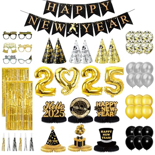 Silvester Party Supplies 2025, Schwarz Gold Silber 2025 Happy New Year Dekorationen Kit mit Happy New Year Banner, Hüte, Brille, Blowouts, Latexballons, Wabe, Vorhänge, Folienballons 2025 von GYESXYW