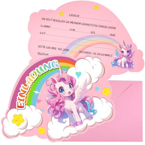 GYHWOFUL 12 Einhorn Regenbogen Einladungskarten + 12 Umschlag - 14 x 10 cm, Kindergeburtstag, Mädchen Geburtstag Party Einladung, Kindergeburtstag Einladungskarten, Geburtstagseinladungen Mädchen von GYHWOFUL