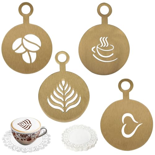 GYHWOFUL 4 Stück Cappuccino Schablonen mit Kaffeeuntersetzer, Edelstahl Kaffeezubehör für Kakaostreuer, Geschenk Kaffee Schablone Accessoires, für Cappuccino Heißer Schokolade, Kuchen und Desserts von GYHWOFUL